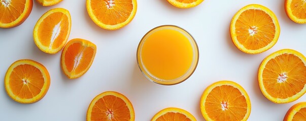 Fresh orange juice in glass surrounded by halved oranges