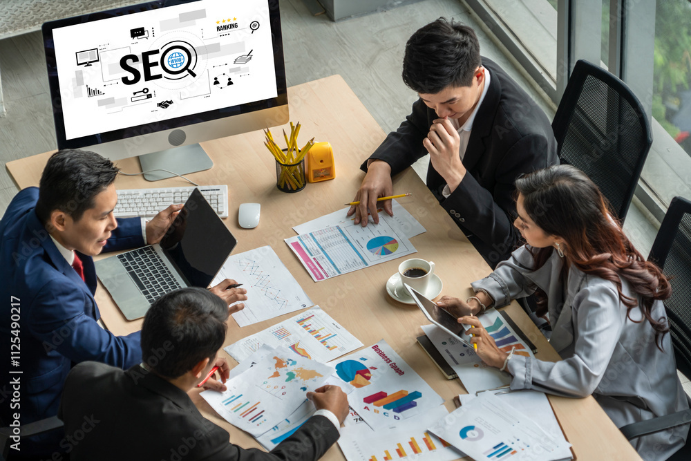 Poster seo search engine optimization for modish e-commerce and online retail business showing on computer 