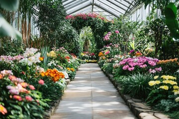 Lush greenhouse pathway surrounded by vibrant flowers