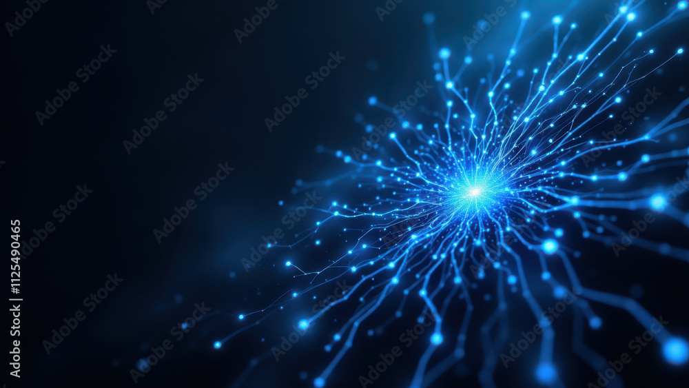 Poster a digital illustration of a neural network with abstract blue energy particles, representing artific