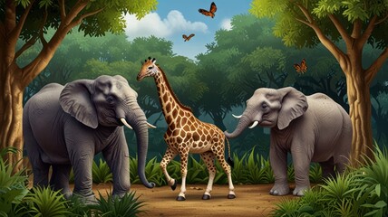 Giraffe and elephants in a lush jungle scene.