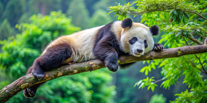 A giant panda is seen relaxing on a tree branch, surrounded by vibrant greenery. The animal appears calm and content in its natural habitat during the day