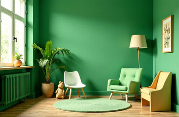 Modern interior of children room green color, playroom in house. AI Generative