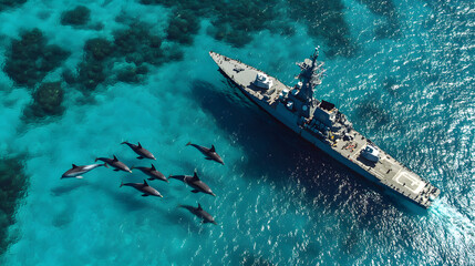 Fototapeta premium A U.S. Navy frigate cruising alongside a pod of dolphins in crystal-clear waters.