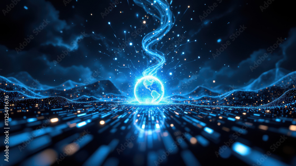 Poster futuristic blue digital interface with a swirling vortex of energy and light at its center, symboliz