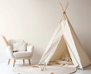 White teepee tent for kids in minimalist living room with armchair and toys on a round rug