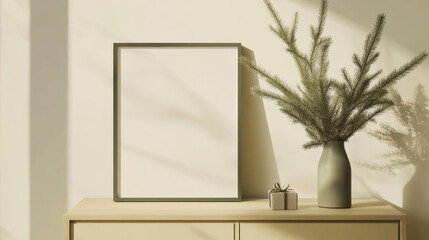 Mockup blank frame on shelf in white modern Christmas hallway interior. Pine tree branch in green vase. Sun light