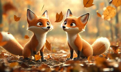 Autumnal Fox Friends: Two adorable cartoon foxes share a tender moment amidst falling autumn leaves in a digitally rendered illustration. Perfect for children's books, greeting cards. - Powered by Adobe
