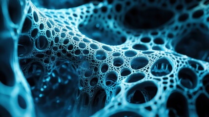 Complex abstract structure featuring organic textures and glowing cavities, evoking a biological network or futuristic material in warm tones.