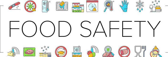 food safety hygiene inspection icons set vector. contamination inspection, regulation bacteria, pathogens allergens, contamination food safety hygiene inspection color line illustrations