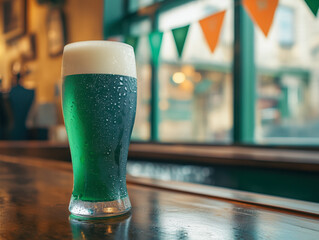 A refreshing pint of green beer in a tall glass glistening with condensation, for St. Patrick's Day celebration in Irish bar decorated in green and orange bunting.