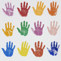 A colorful display of 12 handprints in various hues, artistically arranged in a grid, symbolizing diversity and creativity.