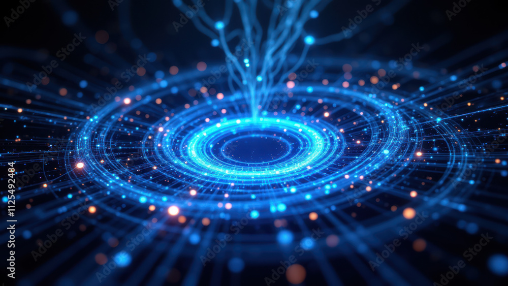 Poster a dynamic, futuristic digital illustration of a neural network with vibrant blue and white colors, r