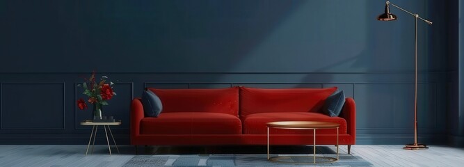 Red velvet sofa in a modern living room with blue walls