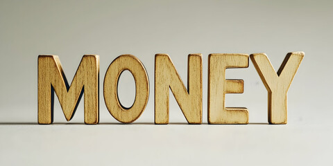 Wooden text "MONEY" against light backdrop. Business, finance and profit concept