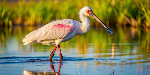 A striking bird with white feathers and pink accents walks gracefully in shallow water, surrounded by lush greenery during the warm light of early evening