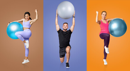 Three young individuals demonstrate dynamic fitness routines with stability balls. Each person showcases athleticism against vibrant backgrounds, highlighting an active lifestyle.