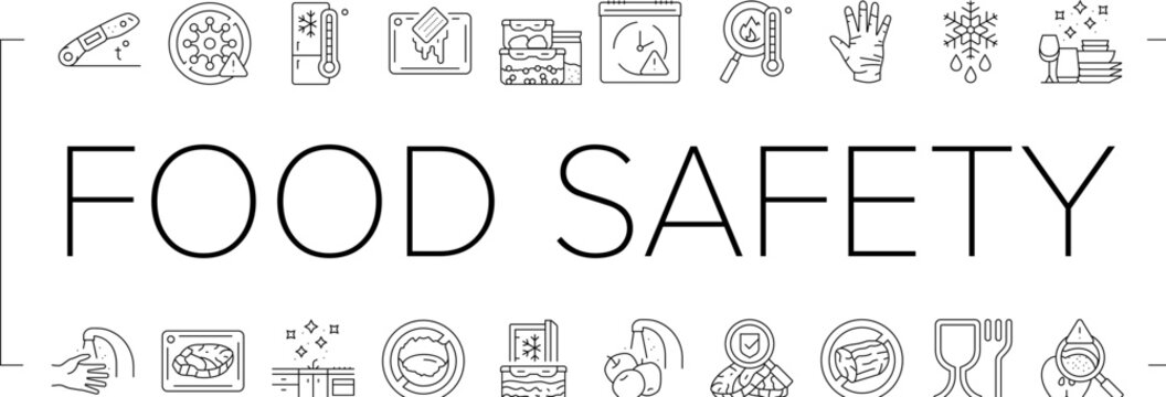 food safety hygiene inspection icons set vector. contamination inspection, regulation bacteria, pathogens allergens, contamination food safety hygiene inspection black contour illustrations