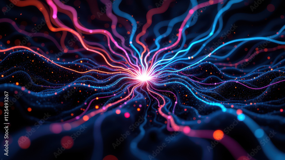 Poster a visual representation of a network or data flow with abstract shapes and vibrant colors, illustrat