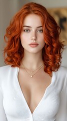 Fototapeta premium A woman with long red hair wearing a white shirt