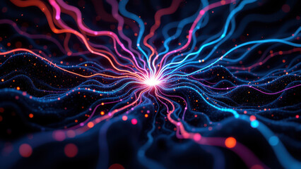 Fototapeta premium A visual representation of a network or data flow with abstract shapes and vibrant colors, illustrating concepts such as artificial intelligence and neural networks.
