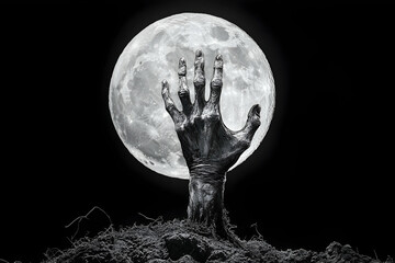 Zombie's hand clawing its way out of the ground beneath a spooky full moon