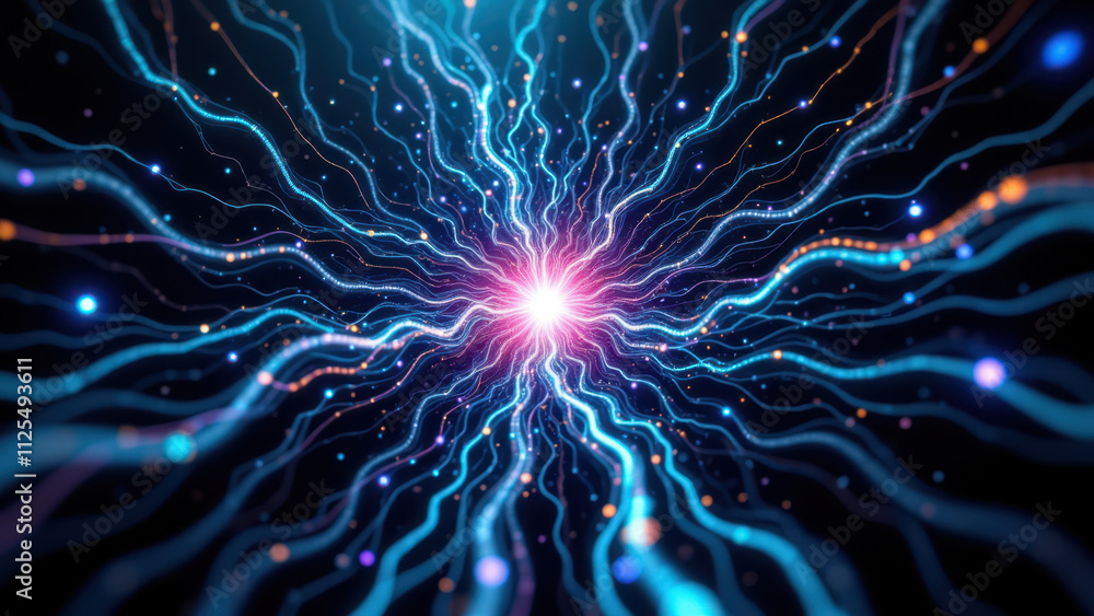 Poster computer-generated visual showcasing a vibrant galaxy with cosmic energy emanating from a central st