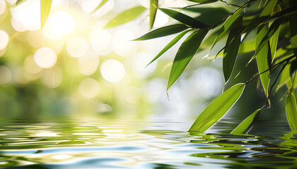 Obraz premium spa background banner with green bamboo leaf on white transparent water wave in sunlight, beautiful concept wallpaper with copy space