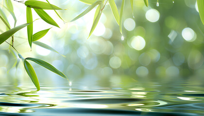 spa background banner with green bamboo leaf on white transparent water wave in sunlight, beautiful concept wallpaper with copy space