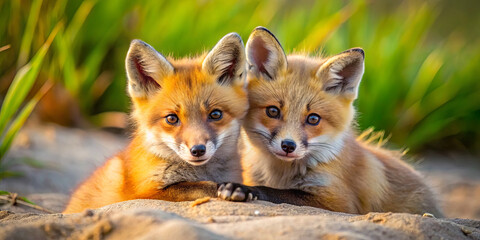 Fototapeta premium Two adorable fox cubs are lying side by side on the sand, their fluffy fur glistening in the sunlight. Surrounding them is a lush green grass backdrop, creating a serene environment