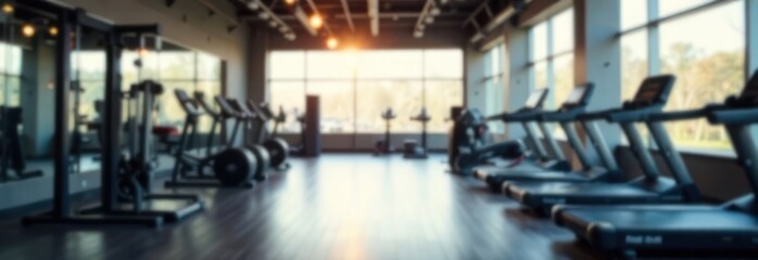 Blurred interior of modern gym with various fitness equipment in sunny morning, bright and inviting atmosphere. fitness, health, wellness concept.