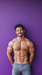 Fototapeta premium muscular shirtless man on purple background with copy space vertically 9:16