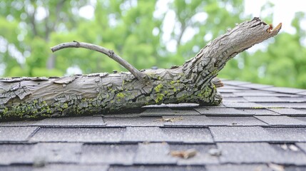 Fototapeta premium Storm damaged roof fallen tree branch creates hazardous conditions with debris on property