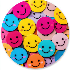 Vibrant assortment of colorful smiley face stickers in various hues, creating a cheerful and playful mood.