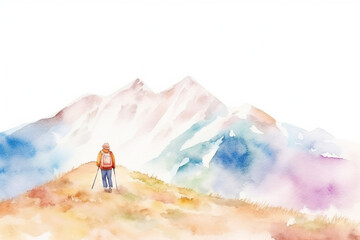 Obraz premium middle age woman hiker looking into the distance in mountains, watercolor painting, copy space, blue, beige, brown pastel color