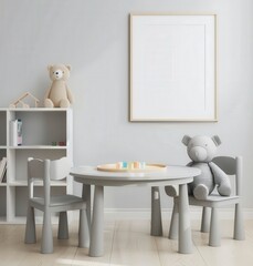 A minimalist playroom with a round table and two chairs. teddy bears. and a bookshelf