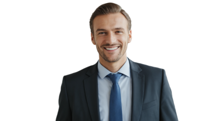 man in a dark suit and tie, smiling over a transparent background