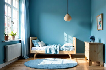 Modern interior of children room blue color, playroom in house. AI Generative