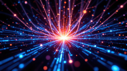 Naklejka premium Futuristic digital tunnel with vibrant neon lights.