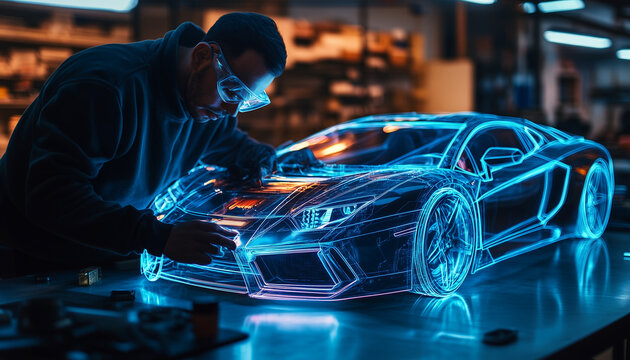 automobile designer working on the hologram of a futuristic sports car