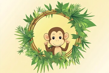 Cute Cartoon Monkey Peeking from a Bamboo Frame with Tropical Greenery