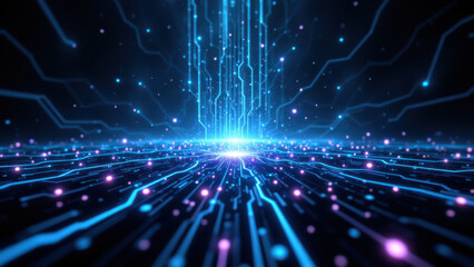 Obraz premium Futuristic digital tunnel with vibrant neon lights and a data stream.