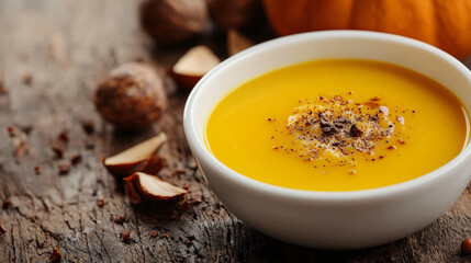 Roasted chestnuts and creamy pumpkin soup served in an elegant white bowl with a dash of nutmeg.