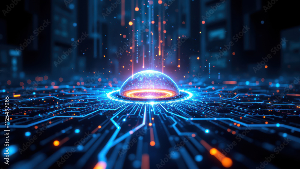 Aufkleber futuristic technology background with holographic interface and glowing circuits.