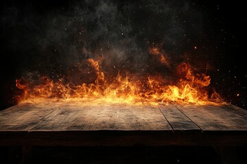 wooden table with fire burning on the edge of the table, fire particles, sparks and smoke in the air, with fire flames on a dark background. 