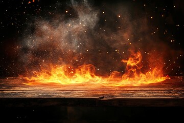 wooden table with fire burning on the edge of the table, fire particles, sparks and smoke in the air, with fire flames on a dark background. 