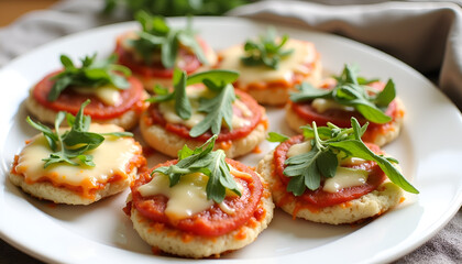 Mini homemade pizzas topped with cheese and arugula on a white plate, fresh and appetizing, cauliflower crust
