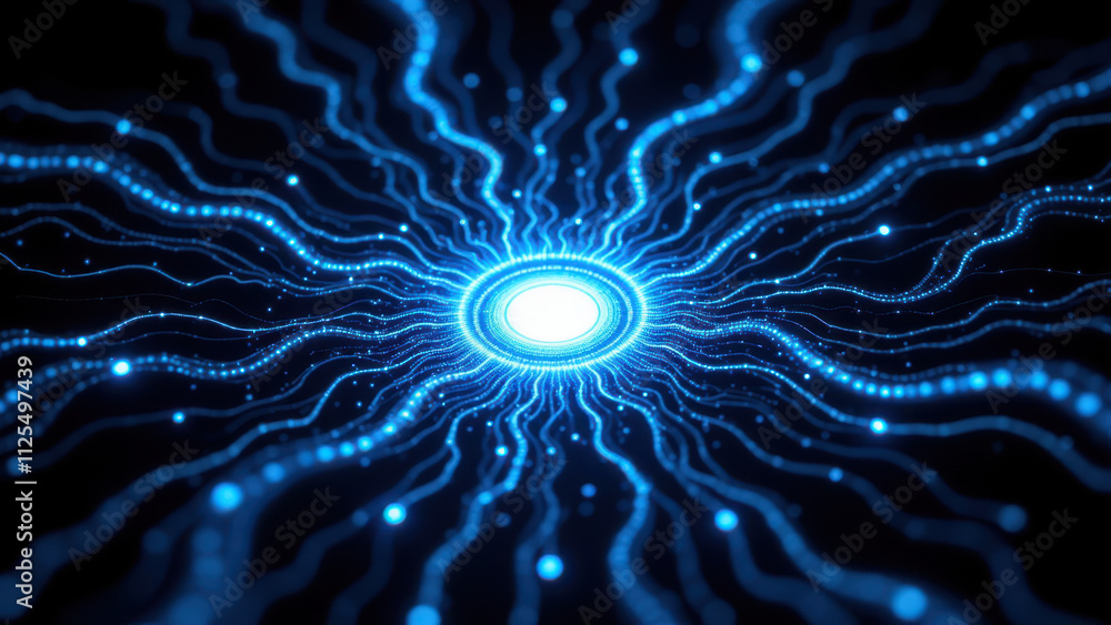 Poster futuristic neural network with glowing blue center representing retrieval augmented generation (rag)