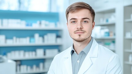 Confident Pharmacist in Modern Pharmacy with Shelves of Products in Background
