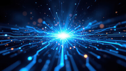 Fototapeta premium Abstract digital explosion with blue light bursts for a high-tech or futuristic theme.